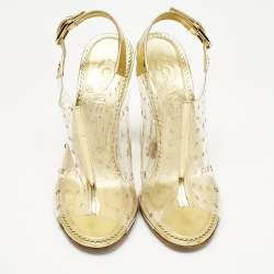 Pre Owned Chanel Gold/Transparent PVC and Leather Block Heel Slingback Sandals Size 37.5