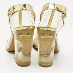 Pre Owned Chanel Gold/Transparent PVC and Leather Block Heel Slingback Sandals Size 37.5