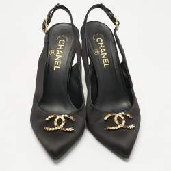 Pre Owned Chanel Black Satin CC Embellished Slingback Pumps Size 40