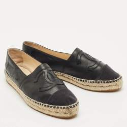 Pre Owned Chanel Black Leather/Canvas CC Logo Espadrilles Size 38