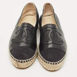 Pre Owned Chanel Black Leather/Canvas CC Logo Espadrilles Size 38