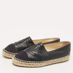 Pre Owned Chanel Black Leather/Canvas CC Logo Espadrilles Size 38