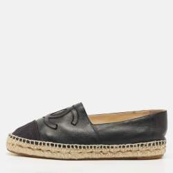 Pre Owned Chanel Black Leather/Canvas CC Logo Espadrilles Size 38