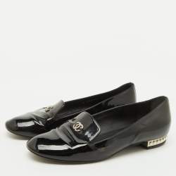 Pre Owned Chanel Black Patent Leather CC Faux Pearl Smoking Slippers Size 36.5