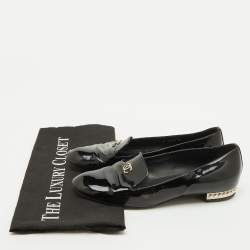 Pre Owned Chanel Black Patent Leather CC Faux Pearl Smoking Slippers Size 36.5