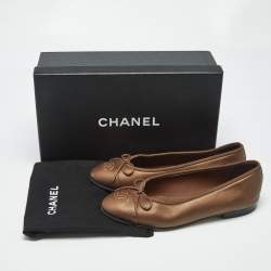 Pre Owned Chanel Bronze Leather CC Cap Toe Bow Ballet Flats Size 37.5