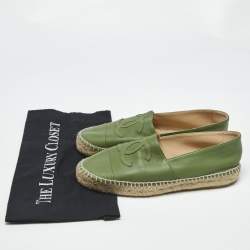 Pre Owned Chanel Green Leather CC Cap Toe Flat Espadrilles Size 38