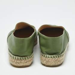 Pre Owned Chanel Green Leather CC Cap Toe Flat Espadrilles Size 38
