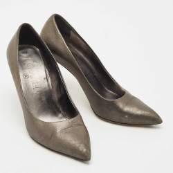 Pre Owned Chanel Metallic Grey Leather Snake Embellished Heel Pumps Size 38.5