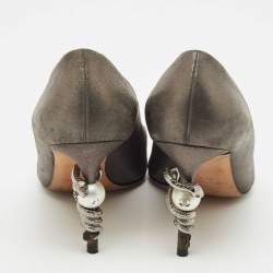 Pre Owned Chanel Metallic Grey Leather Snake Embellished Heel Pumps Size 38.5