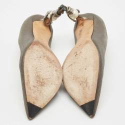 Pre Owned Chanel Metallic Grey Leather Snake Embellished Heel Pumps Size 38.5