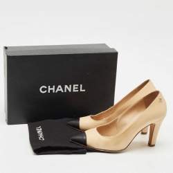 Pre Owned Chanel Beige/Black Leather Pointed Toe Pumps Size 36.5