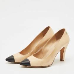 Pre Owned Chanel Beige/Black Leather Pointed Toe Pumps Size 36.5