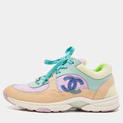 Pre Owned Chanel Multicolor Nylon, Leather and Suede CC Low Top Sneakers Size 38.5