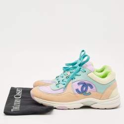 Pre Owned Chanel Multicolor Nylon, Leather and Suede CC Low Top Sneakers Size 38.5