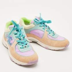Pre Owned Chanel Multicolor Nylon, Leather and Suede CC Low Top Sneakers Size 38.5