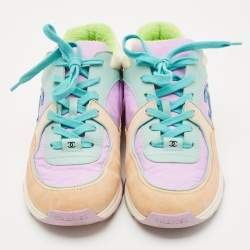 Pre Owned Chanel Multicolor Nylon, Leather and Suede CC Low Top Sneakers Size 38.5