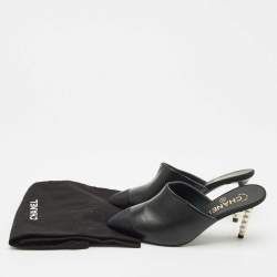 Pre Owned Chanel Black Leather and Fabric Cap Toe CC Pearl Embellished Mules Size 35.5
