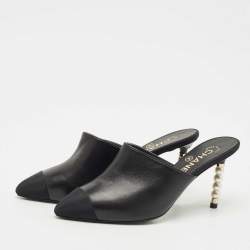 Pre Owned Chanel Black Leather and Fabric Cap Toe CC Pearl Embellished Mules Size 35.5
