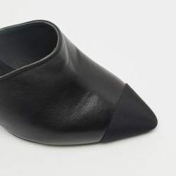 Pre Owned Chanel Black Leather and Fabric Cap Toe CC Pearl Embellished Mules Size 35.5