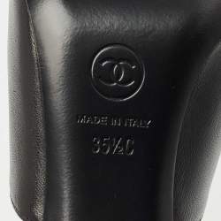Pre Owned Chanel Black Leather and Fabric Cap Toe CC Pearl Embellished Mules Size 35.5