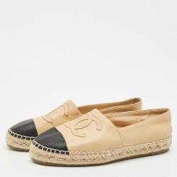Pre Owned Chanel Beige/Black Leather CC Cap Toe Espadrille Flats Size 38