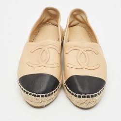 Pre Owned Chanel Beige/Black Leather CC Cap Toe Espadrille Flats Size 38