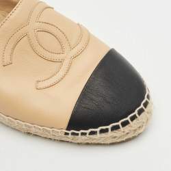 Pre Owned Chanel Beige/Black Leather CC Cap Toe Espadrille Flats Size 38