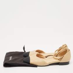 Pre Owned Chanel Beige/Black Canvas and Leather Ankle Strap Flats Size 39.5