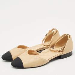 Pre Owned Chanel Beige/Black Canvas and Leather Ankle Strap Flats Size 39.5