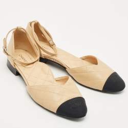 Pre Owned Chanel Beige/Black Canvas and Leather Ankle Strap Flats Size 39.5