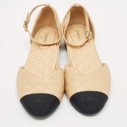 Pre Owned Chanel Beige/Black Canvas and Leather Ankle Strap Flats Size 39.5
