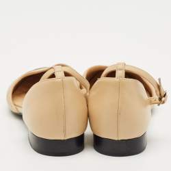 Pre Owned Chanel Beige/Black Canvas and Leather Ankle Strap Flats Size 39.5