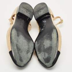 Pre Owned Chanel Beige/Black Canvas and Leather Ankle Strap Flats Size 39.5
