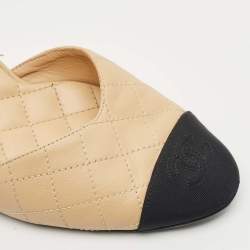 Pre Owned Chanel Beige/Black Canvas and Leather Ankle Strap Flats Size 39.5
