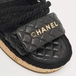 Pre Owned Chanel Black Leather Quilted Rope CC Flat Sandals Size 39