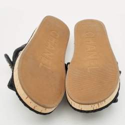 Pre Owned Chanel Black Leather Quilted Rope CC Flat Sandals Size 39