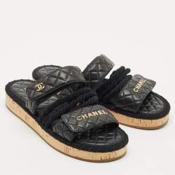 Pre Owned Chanel Black Leather Quilted Rope CC Flat Sandals Size 39