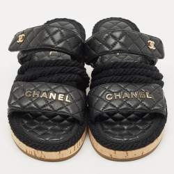 Pre Owned Chanel Black Leather Quilted Rope CC Flat Sandals Size 39