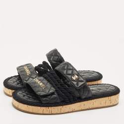 Pre Owned Chanel Black Leather Quilted Rope CC Flat Sandals Size 39
