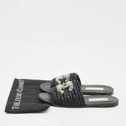 Pre Owned Chanel Black Woven Raffia CC Crystals Flat Slides Size 39.5