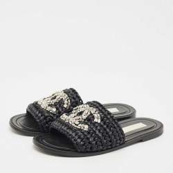 Pre Owned Chanel Black Woven Raffia CC Crystals Flat Slides Size 39.5