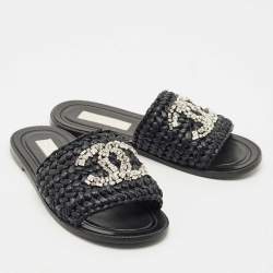 Pre Owned Chanel Black Woven Raffia CC Crystals Flat Slides Size 39.5