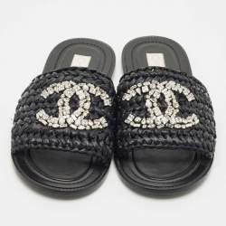 Pre Owned Chanel Black Woven Raffia CC Crystals Flat Slides Size 39.5