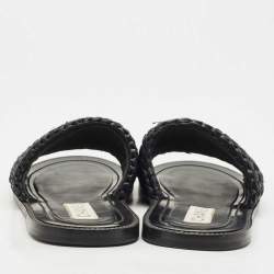 Pre Owned Chanel Black Woven Raffia CC Crystals Flat Slides Size 39.5
