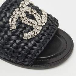 Pre Owned Chanel Black Woven Raffia CC Crystals Flat Slides Size 39.5