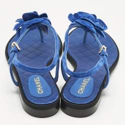 Pre Owned Chanel Blue Suede Camellia Thong Sandals Size 39