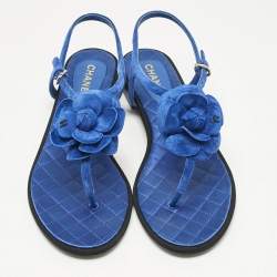 Pre Owned Chanel Blue Suede Camellia Thong Sandals Size 39