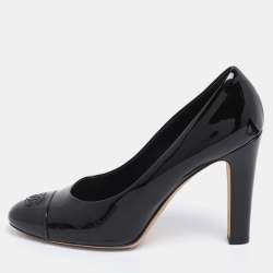 Pre Owned Chanel Black Patent Leather CC Cap Toe Pumps Size 42