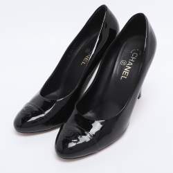 Pre Owned Chanel Black Patent Leather CC Cap Toe Pumps Size 42